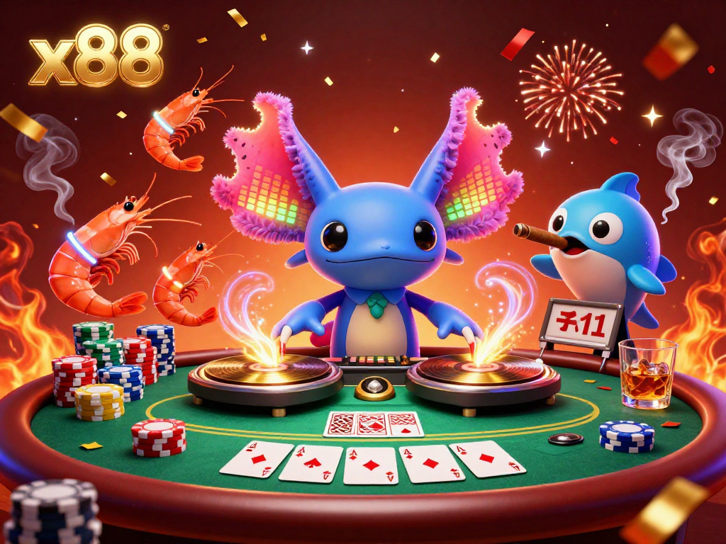 x88 brings the fun to life with a vibrant 3D axolotl DJ and lively party with poker elements.