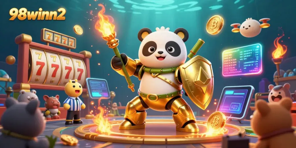 Experience thrilling casino action with the 98winn2 golden panda mech in a vibrant gambling arena.
