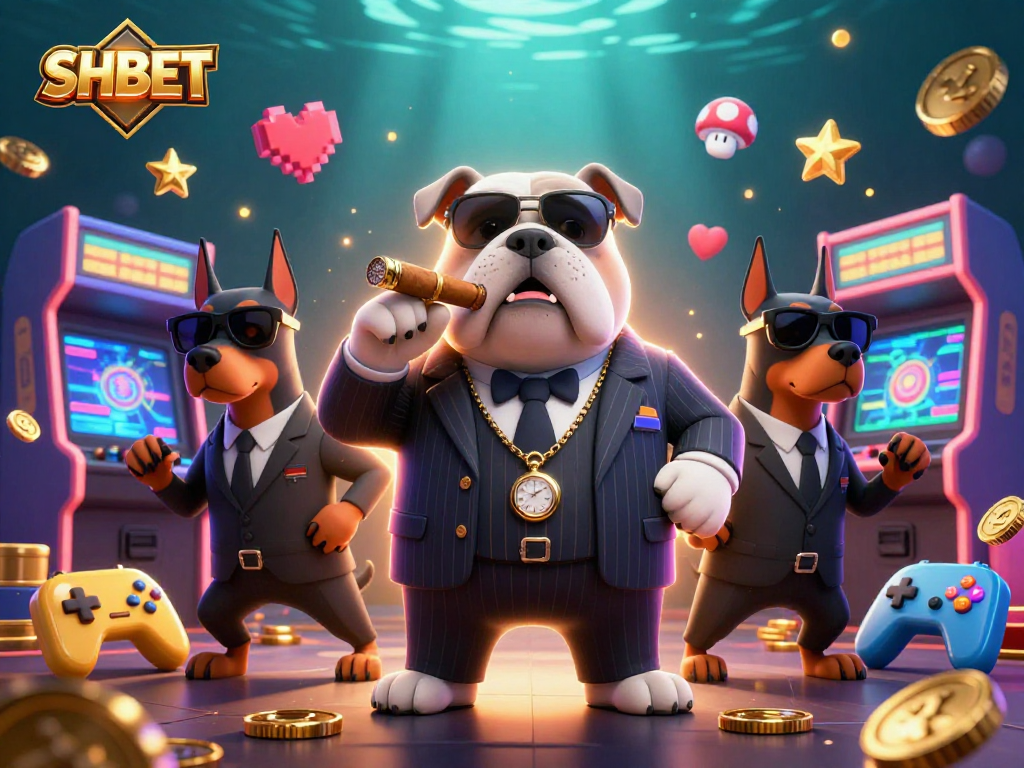Experience the thrill of SHBET with a mafia boss bulldog and his bodyguards in a vibrant casino setting.