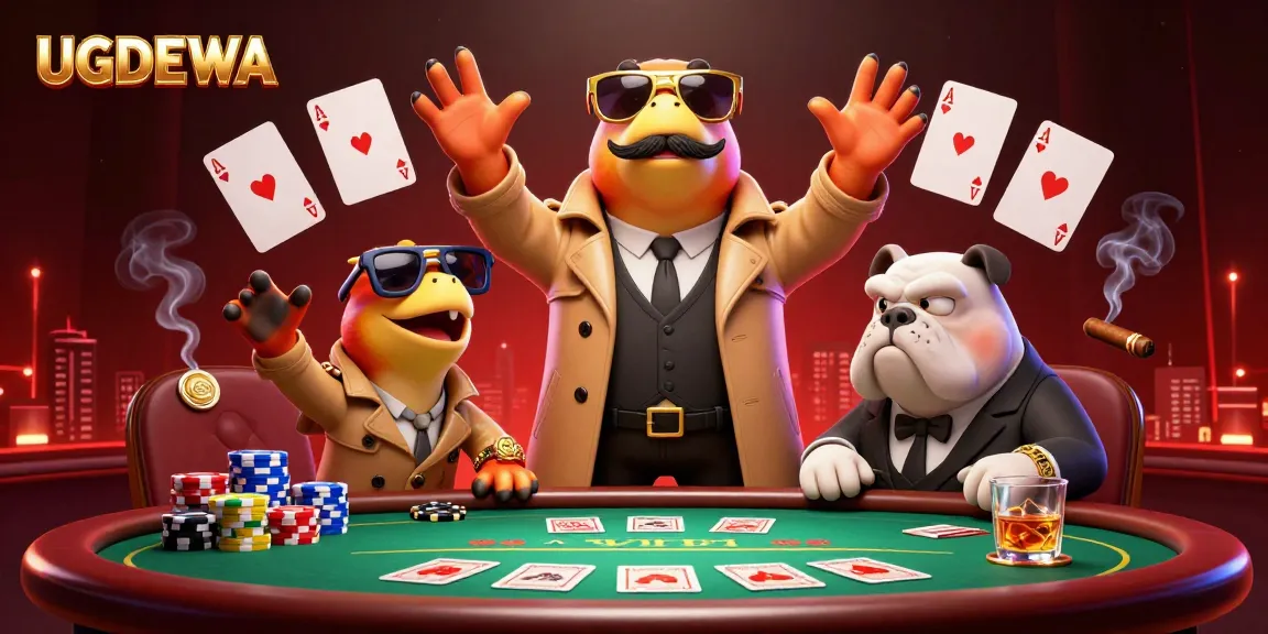 Playful raptors attempt to enter casino lounge as UGDEWA sets the scene in vibrant detail.