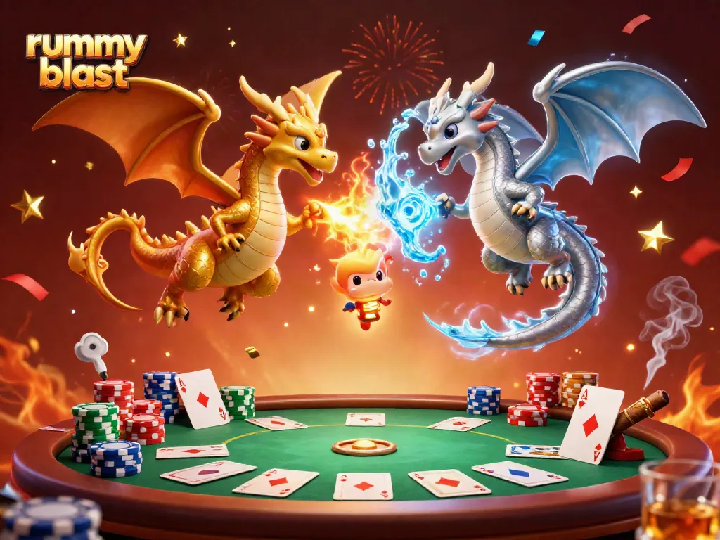 Experience the thrill of rummy blast with dynamic dragons and poker elements in an immersive scene.