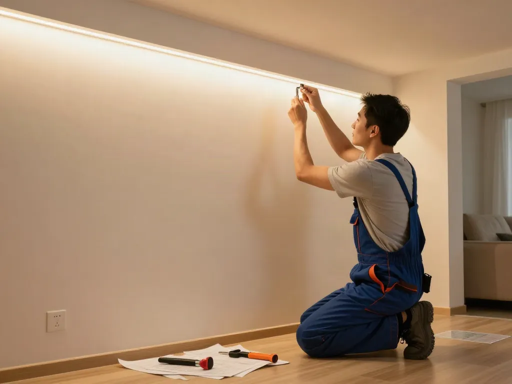 Banda LED de la iluminat-ieftin.ro adăugată de un profesionist în interiorul unei camere pentru un serviciu de iluminat de încredere.