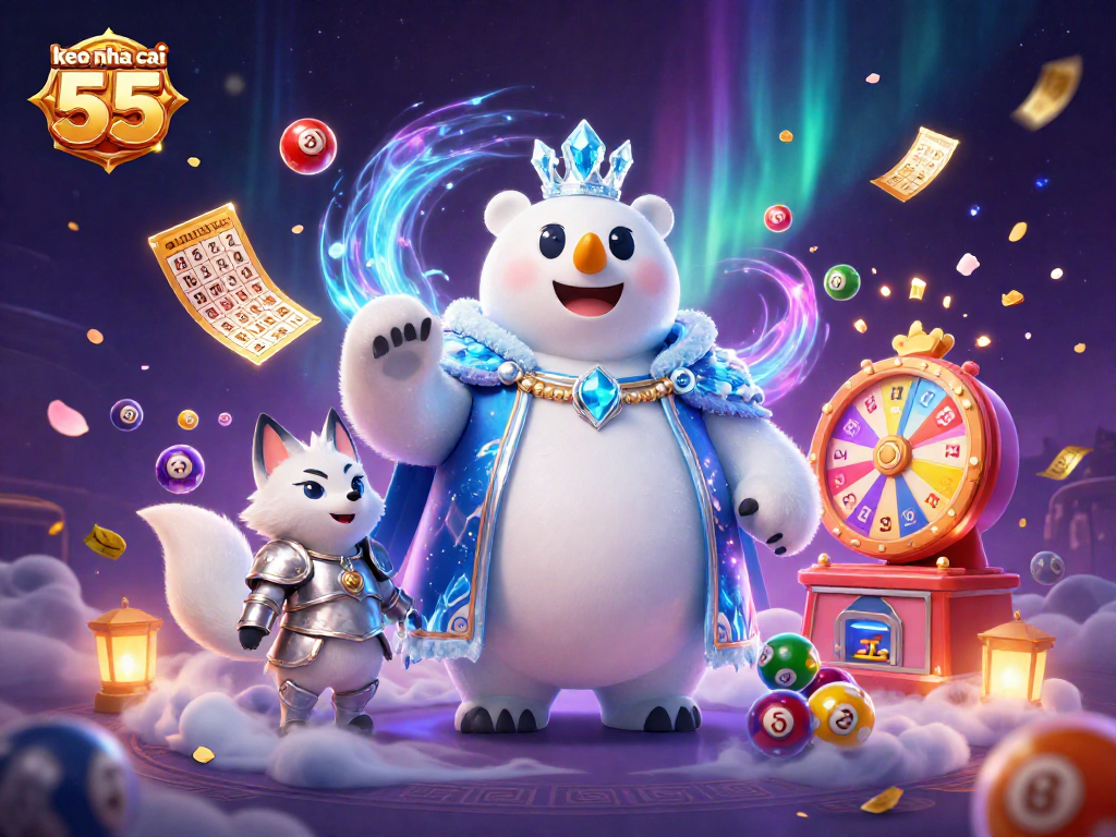 Engage with keo nha cai 55 dynamic lottery action featuring an ice king and snow fox illustration.