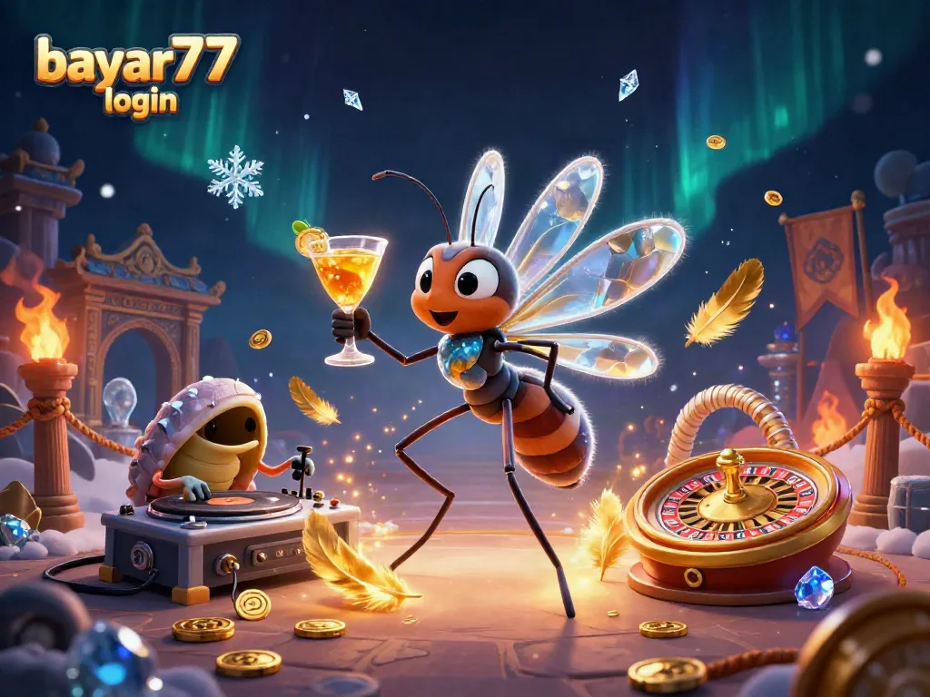 Experience seamless gaming with bayar77 login as a lively frozen mosquito mascot and trilobite DJ in a vibrant casino scene.