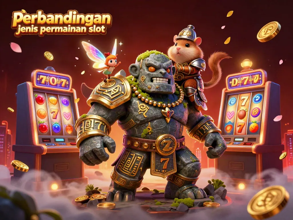Visualisasi perbandingan jenis permainan slot yang menampilkan elemen slot dinamis, karakter dan detail bernuansa kasino.