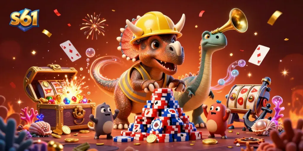 s61 Slots game featuring a celebration with creatures and poker chips in an exciting casino illustration
