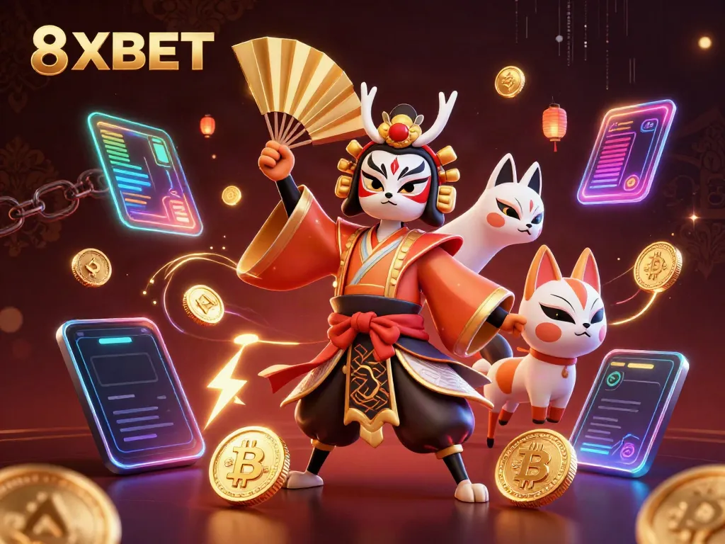 Engage with 8XBET's vibrant gaming scene featuring dynamic characters and digital crypto elements.
