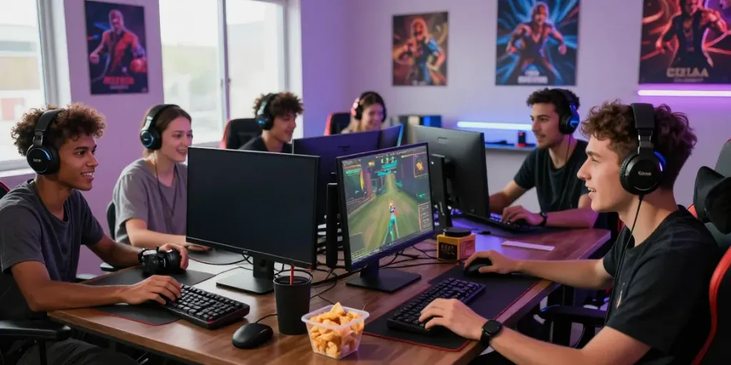 Friends enjoying unsurtoto multiplayer gaming session with vibrant atmosphere
