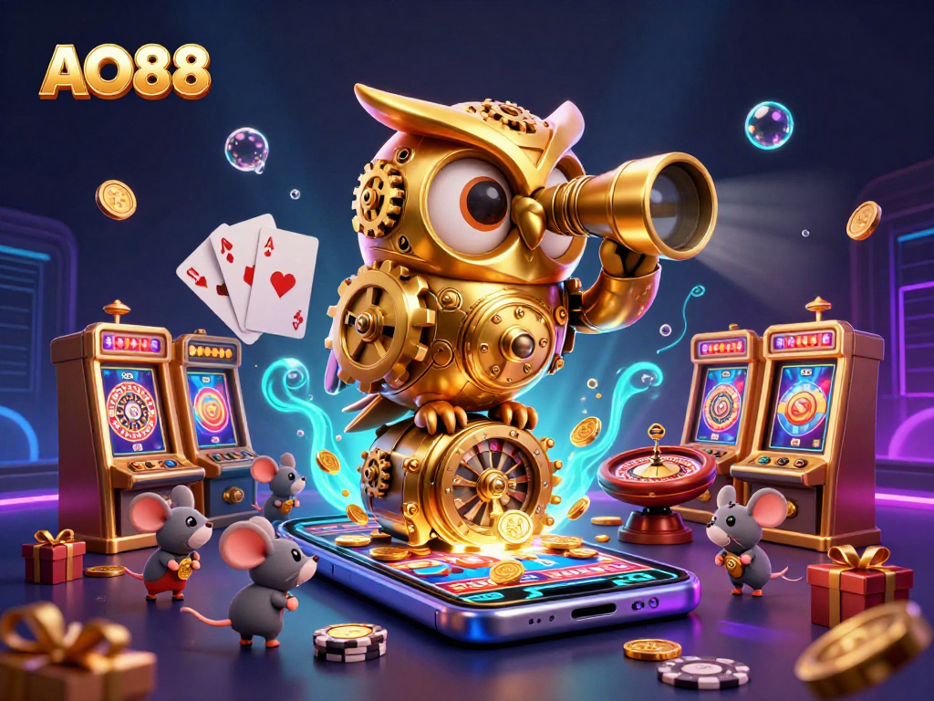 Experience the excitement of AO88 with a vibrant 3D casino scene featuring a golden owl and lively mouse patrons.