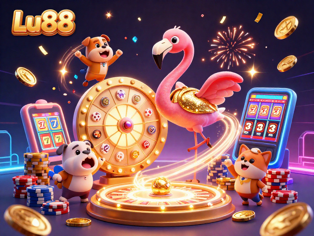 Join Lu88 to spin the prize wheel with flamingo hosts, as the bulldog celebrates with sparkling gems flying everywhere.