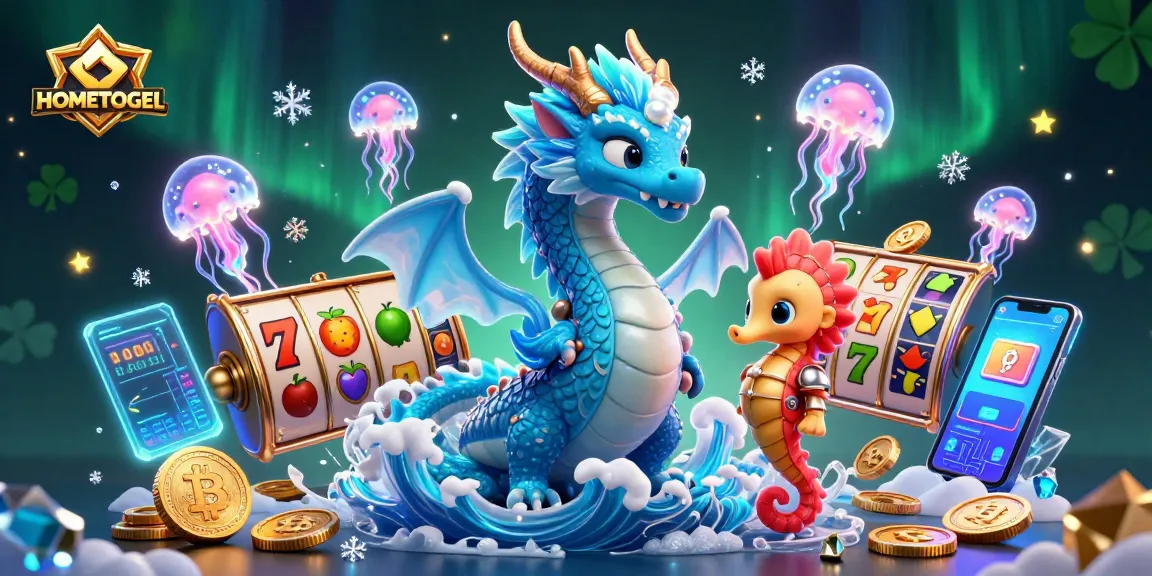Experience thrilling jackpots with HOMETOGEL’s vibrant casino-themed 3D illustration, featuring magical characters and crypto elements.