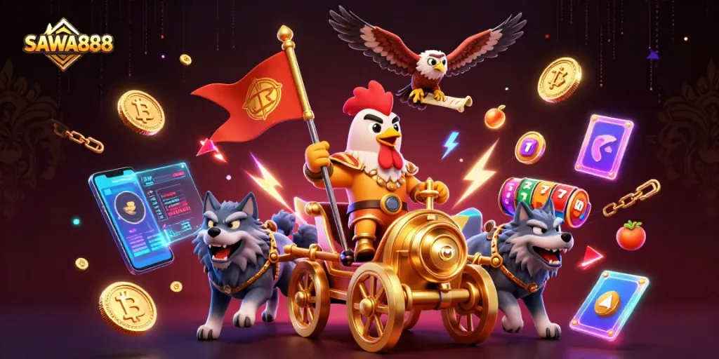 Engage with SAWA888 in a vibrant 3D casino scene featuring a rooster warlord and exciting game elements.