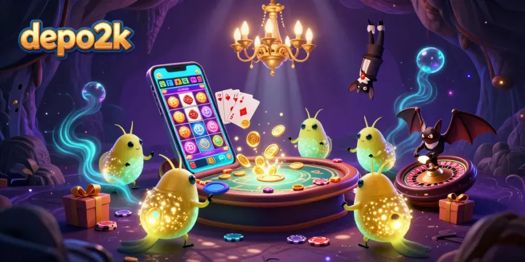 Celebrate thrilling wins at the depo2k cave casino with glowing characters and exciting game elements.