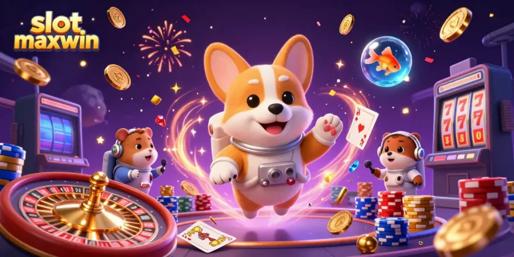 Experience excitement with slot maxwin in a vibrant casino scene filled with coins and prizes.
