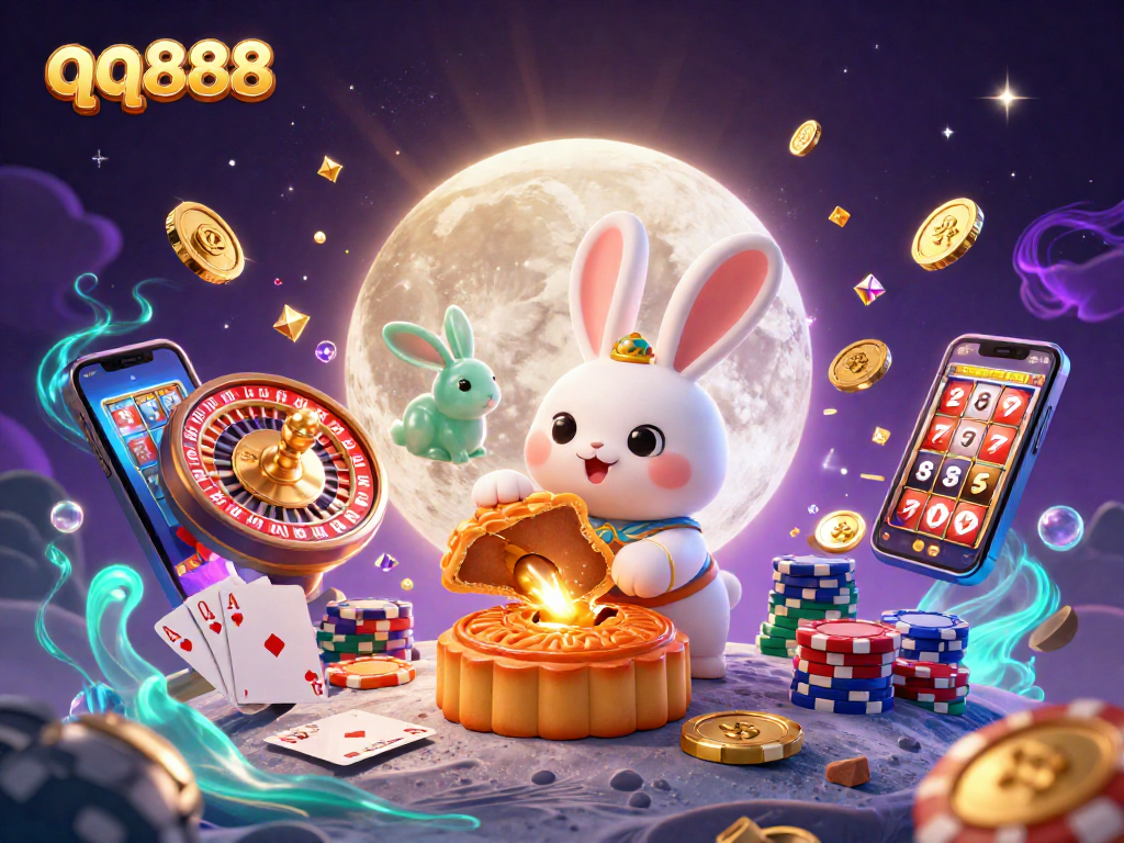 Experience the thrill of qq888 with the moon rabbit and jade companion amidst vibrant casino action and dynamic gambling elements.