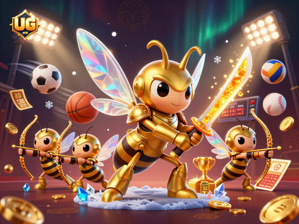 Engage with UG88's dynamic gaming scene featuring a giant hornet samurai amidst action-packed sports symbols.