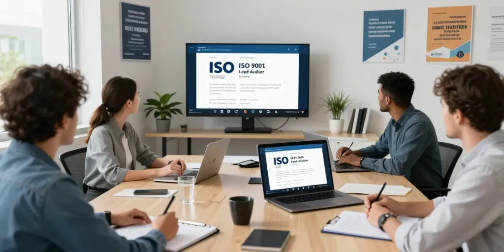 Group of professionals in an interactive online ISO 9001 Lead Auditor Course session, engaged in collaborative learning.
