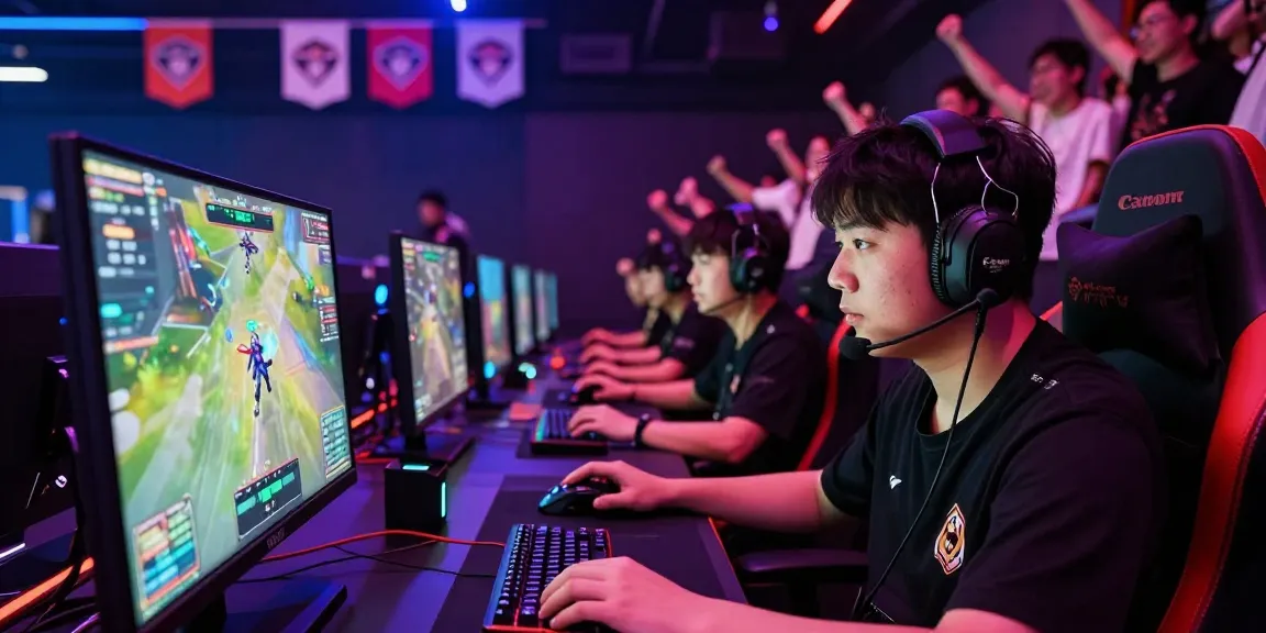 Suasana arena esports di https://bos88ap.com/ dengan gamer fokus di layar besar, lampu LED cerah, dan penonton bersorak.