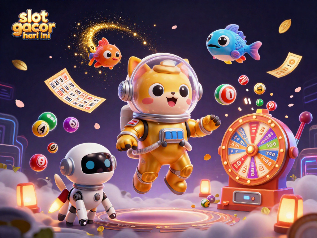 Slot gacor hari ini: Menangkan permainan slot dengan karakter kucing astronaut dan anjing robot dalam ilustrasi berwarna-warni.
