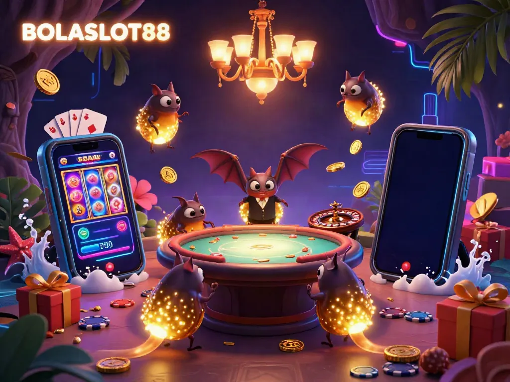 BOLASLOT88 illuminates a vibrant casino cave with glowworms, showcasing shining slot games and golden coins.