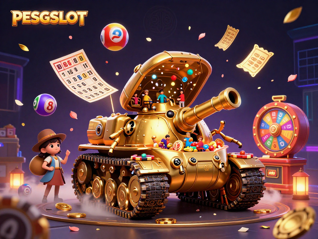 Mengalami serunya bermain di PESGSLOT dengan tank keong emas yang menyimpan kasino mini di dalamnya, dikelilingi bola lotere warna-warni.