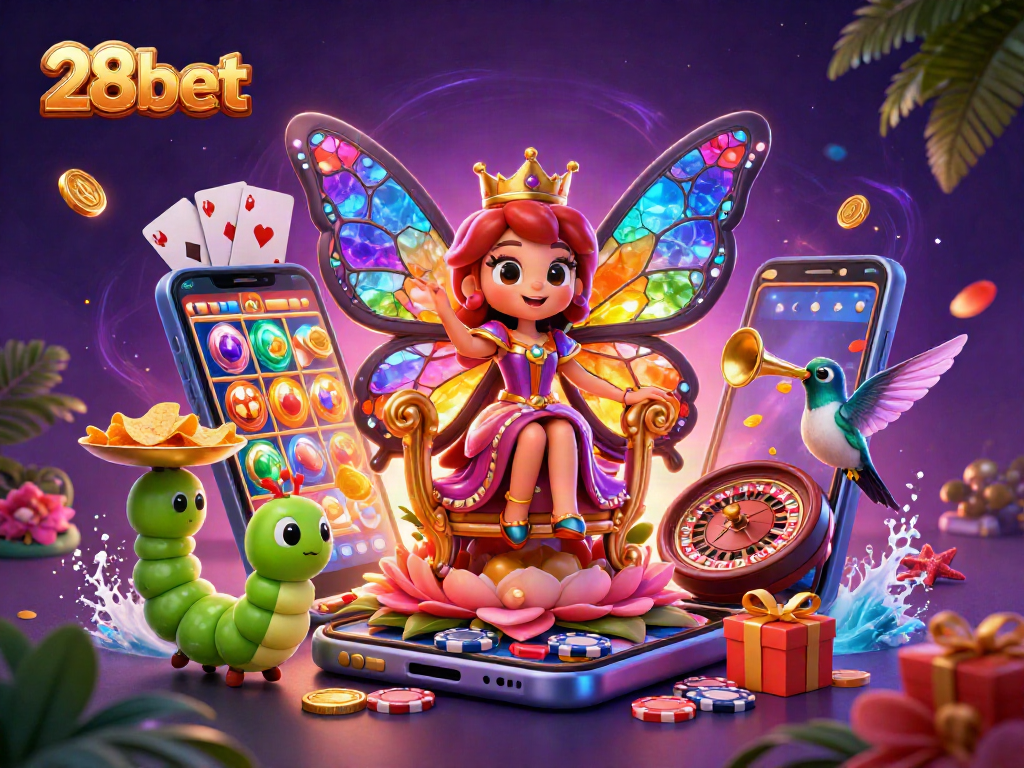 Experience the thrilling excitement of 28bet with a vibrant casino-themed scene, complete with games and animations.