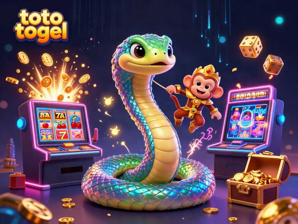 Toto togel game illustration featuring a vibrant scene with a rainbow serpent, a monkey king, and a slot machine bursting with winning symbols.