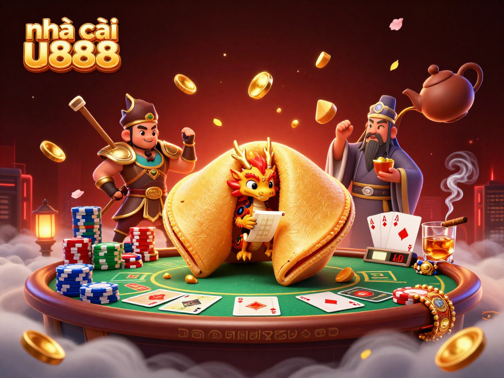 Immerse in the world of nhà cái u888 as the giant fortune cookie reveals secrets with dragons and warriors.