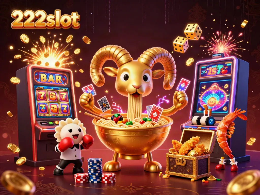 Aksi bermain 222slot dengan karakter ramen raksasa dan elemen kasino yang kaya.