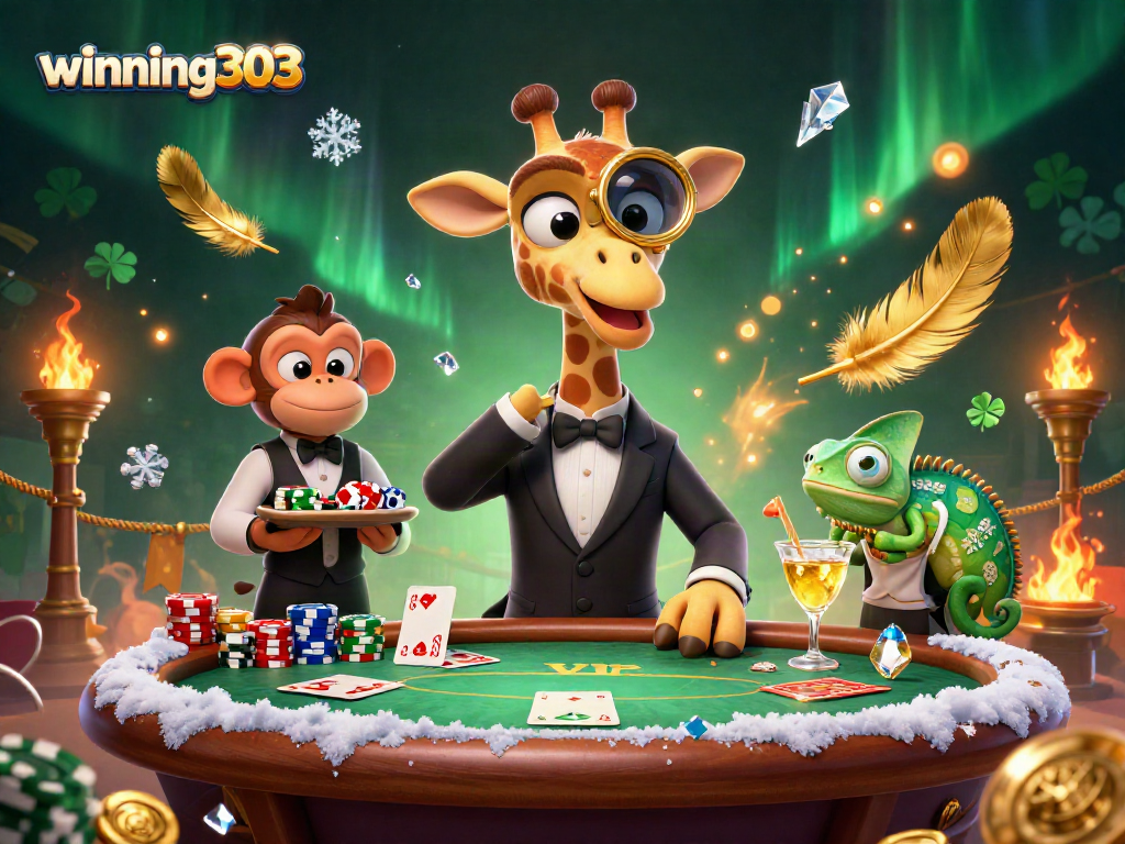Winning303 showcases an exciting poker scene with a high-roller giraffe, a monkey valet, and a chameleon bartender.