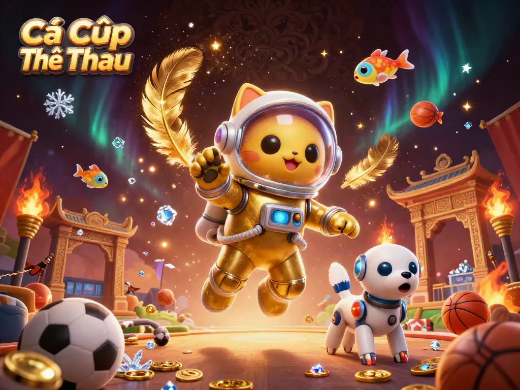 Engaging Cá Cược Thể Thao scene with a space astronaut cat, robot dog, and sports elements, showcasing dynamic betting action.