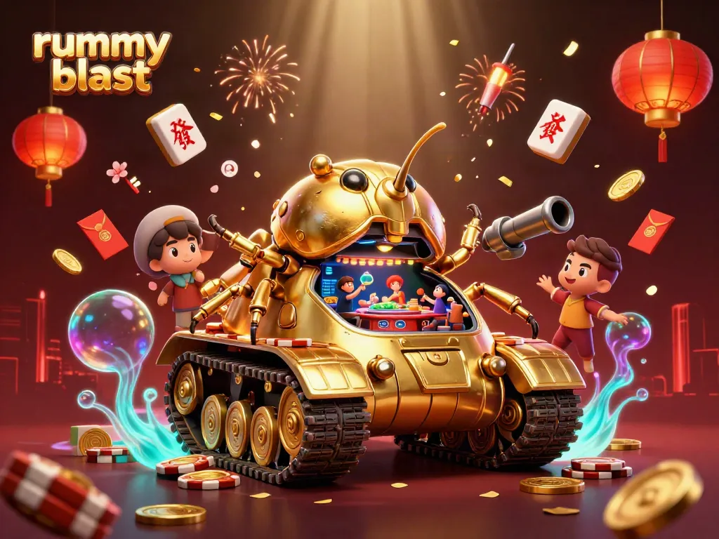 Engage with vibrant rummy blast action showcasing a dynamic casino scene embodied in a golden beetle tank.