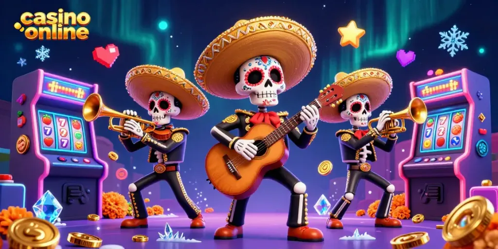 Permainan kasino online yang seru dengan karakter skeleton mariachi yang bermain alat musik dan slot berputar.
