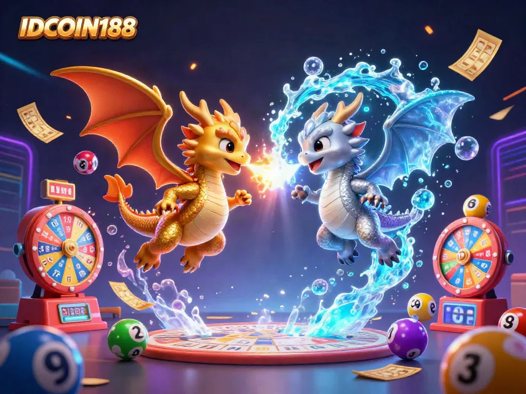 Experience IDCOIN188's vibrant gaming scene with dragons and lottery elements in stunning detail.