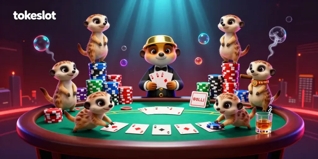 Tokeslot: Meerkats engaging in thrilling casino activities with vibrant poker elements.