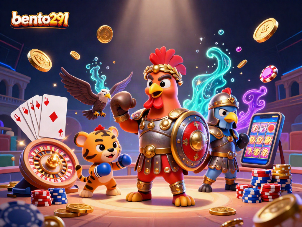 Bento291 showcases a dynamic 3D casino scene with a gladiator rooster, tiger cub, and eagle, surrounded by roulette, cards, and coins.