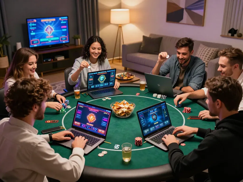 Friends enjoying ALO8 online poker game in a cozy living room.