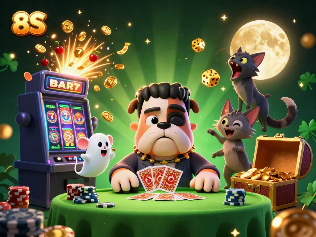 Experience thrilling 8S gaming with our vibrant 3D illustration showcasing casino action and excitement.