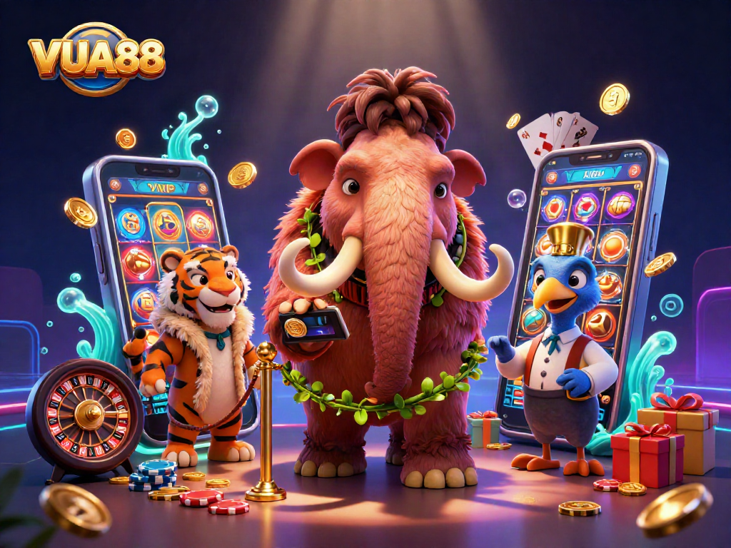 Engage with VUA88's exciting casino atmosphere featuring 3D illustrated characters and vibrant game elements.