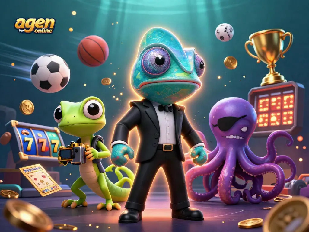 Engage with agen togel online in this vibrant 3D illustration showcasing various gaming elements and dynamic characters.