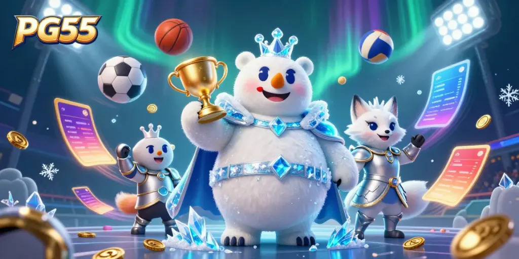 Engage with PG55 in this vibrant casino-themed illustration showcasing magical characters and dynamic sports betting elements.