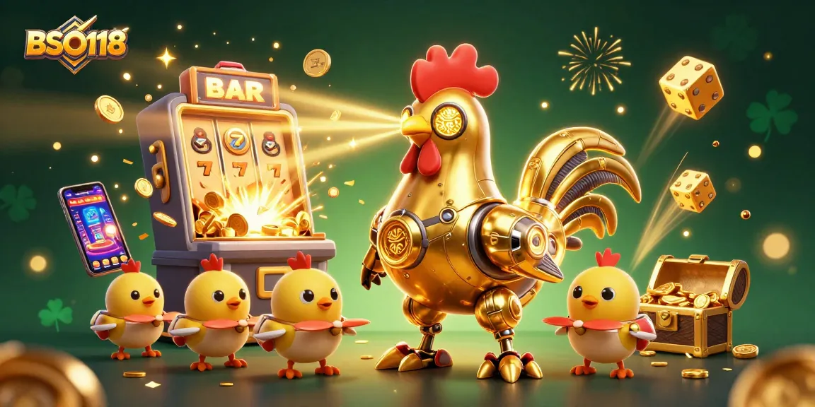 Engage in thrilling gameplay with BSO118, highlighted by a robot rooster and dynamic casino elements.