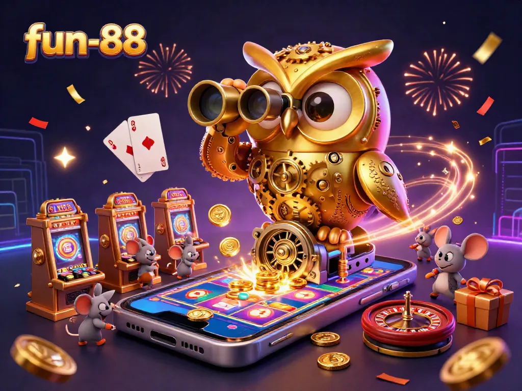 Experience excitement at fun-88 with gold coins flying from a smartphone and engaging casino characters.
