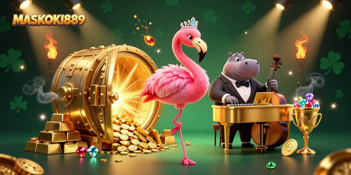 Experience the vibrant MASKOKI889 casino atmosphere with engaging cartoon characters and dazzling treasures.