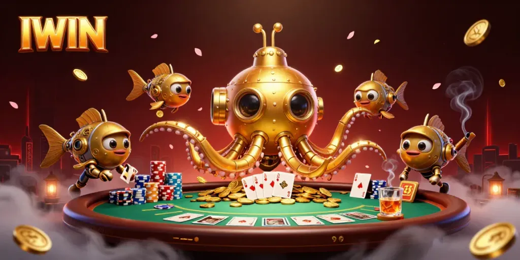 IWIN offers an exciting gaming experience with a golden kraken submarine amidst poker elements and coins.