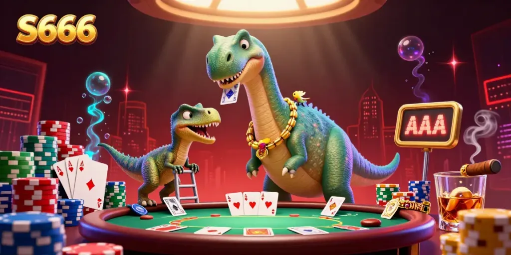 S666 features a giant brontosaurus and raptor dealer at a lively poker table in a colorful casino scene.