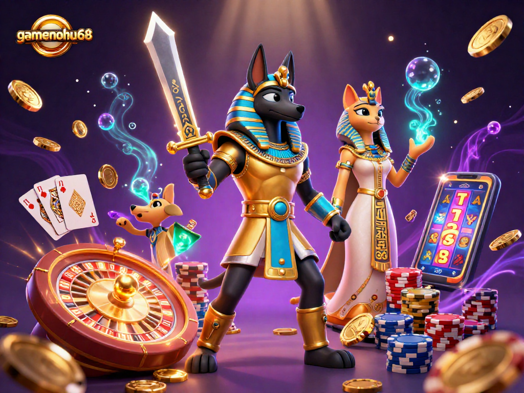 Spin winning reels with gamenohu68 as Anubis and Bastet embody luck in a rich casino scene.