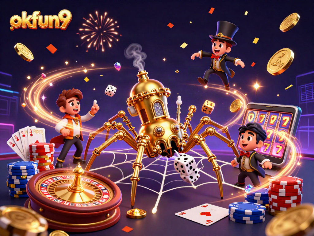 Engage with the vibrant world of okfun9 as golden coins and poker games illuminate the scene.