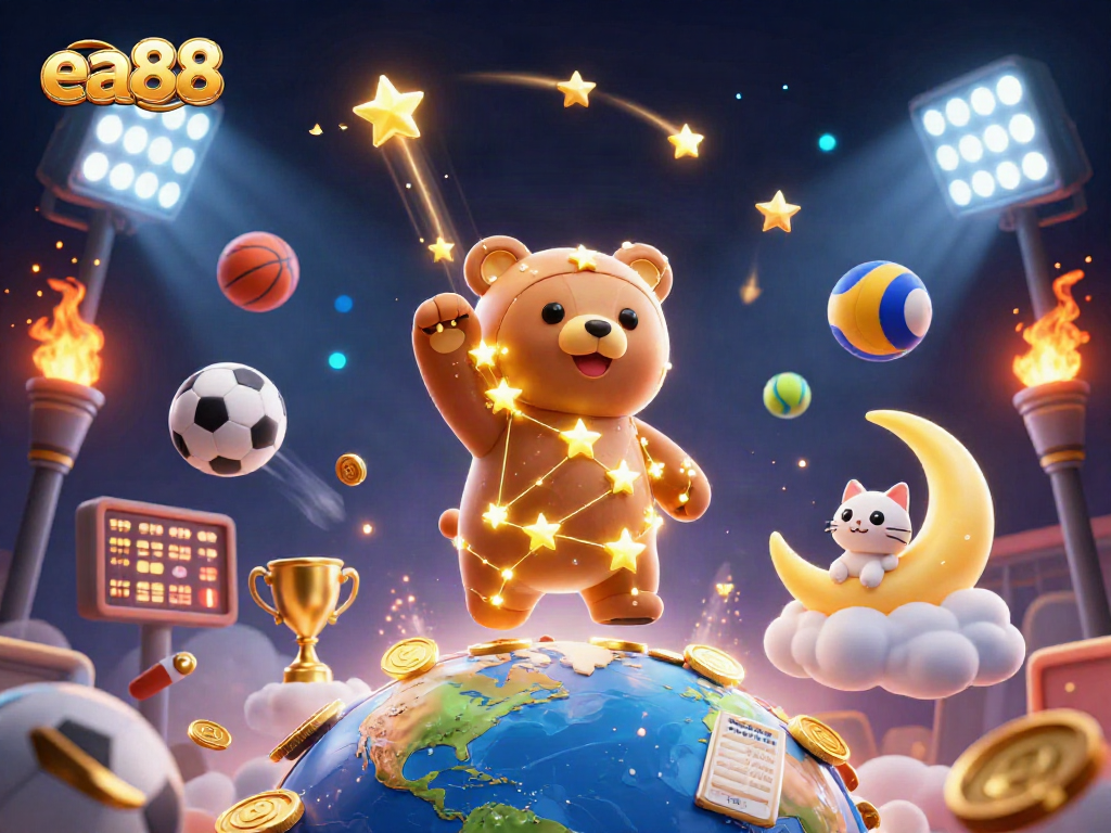 ea88 showcases a constellation bear, coins, and vibrant sports elements in a colorful 3D illustration.