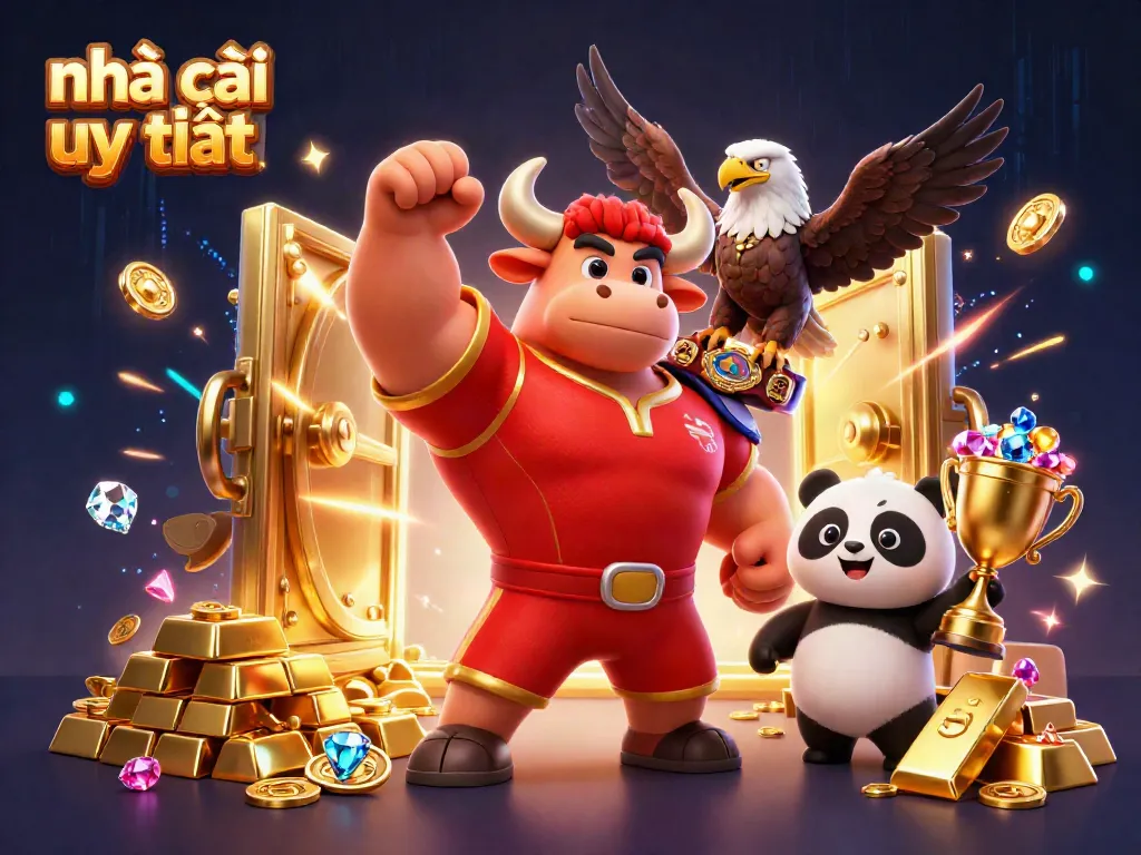 Join the excitement at nhà cái uy tín with a winning bull mascot, eagle, and panda in this vibrant 3D casino illustration.
